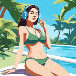 A hot girl in a bikini listening to lofi music with headphones