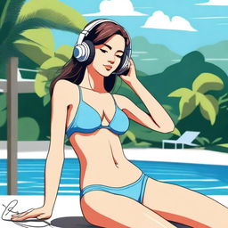 A hot girl in a bikini listening to lofi music with headphones