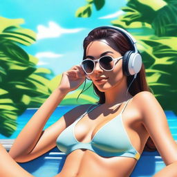 A realistic photo of a hot girl in a bikini listening to lofi music with headphones