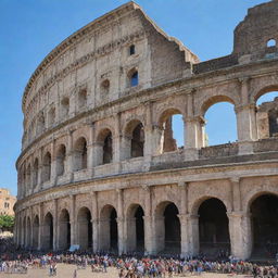 A full view of the Colosseum in perfect daylight, with a large, beautifully detailed painting of the Italian flag draped over it.