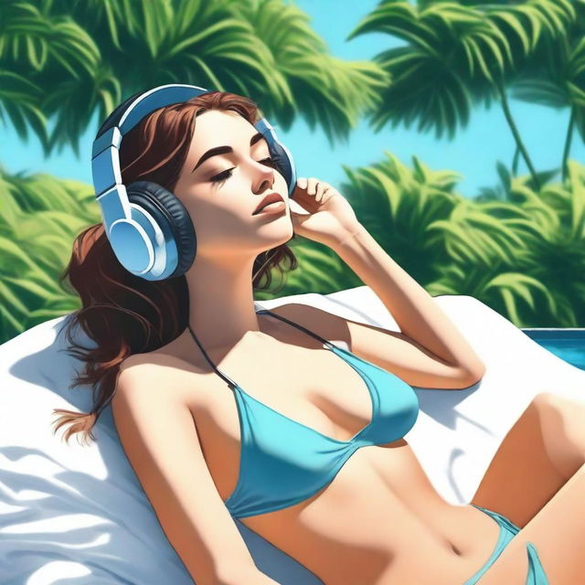 A realistic photo of a hot girl in a bikini listening to lofi music with headphones