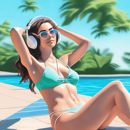 A realistic photo of a hot girl in a bikini listening to lofi music with headphones