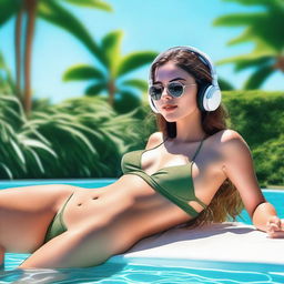 A realistic photo of a hot girl in a bikini listening to lofi music with headphones