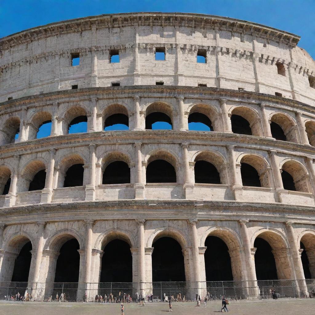 A full view of the Colosseum in perfect daylight, with a large, beautifully detailed painting of the Italian flag draped over it.