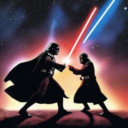 Darth Vader engaging in an intense lightsaber duel against a Jedi in a dark, atmospheric setting