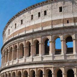 A full view of the Colosseum in perfect daylight, with a large, beautifully detailed painting of the Italian flag draped over it.