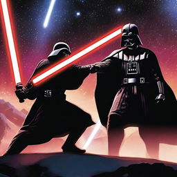 Darth Vader engaging in an intense lightsaber duel against a Jedi in a dark, atmospheric setting