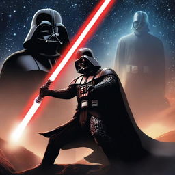 Darth Vader engaging in an intense lightsaber duel against a Jedi in a dark, atmospheric setting