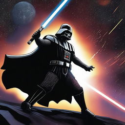 Darth Vader engaging in an intense lightsaber duel against a Jedi in a dark, atmospheric setting