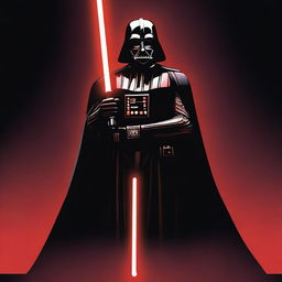 Darth Vader standing ominously in the darkness, his figure illuminated only by the red glow of his lightsaber