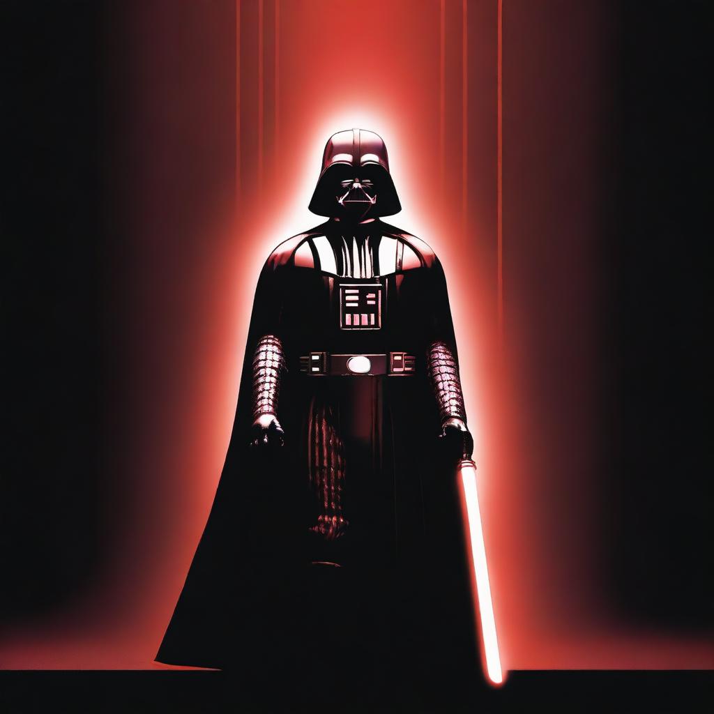 Darth Vader standing ominously in the darkness, his figure illuminated only by the red glow of his lightsaber