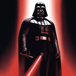 Darth Vader standing ominously in the darkness, his figure illuminated only by the red glow of his lightsaber