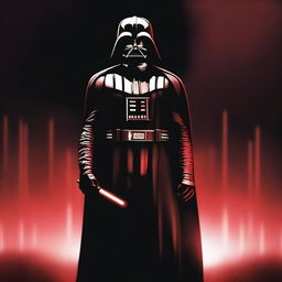 Darth Vader standing ominously in the darkness, his figure illuminated only by the red glow of his lightsaber