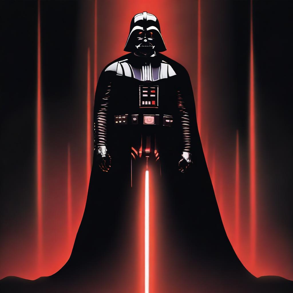 Darth Vader standing ominously in the darkness, his figure illuminated only by the red glow of his lightsaber