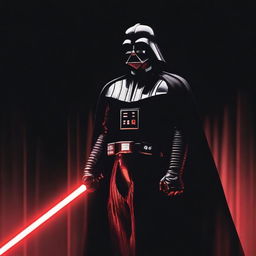 Darth Vader standing ominously in the darkness, his figure illuminated only by the red glow of his lightsaber