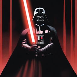 Darth Vader standing ominously in the darkness, his figure illuminated only by the red glow of his lightsaber