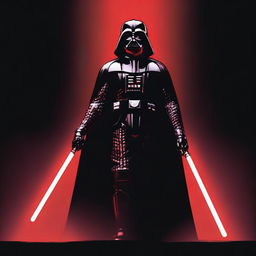 Darth Vader standing ominously in the darkness, his figure illuminated only by the red glow of his lightsaber