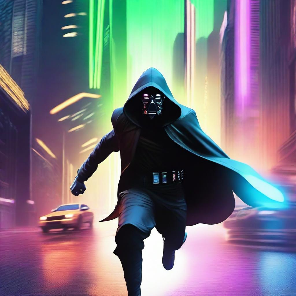 A hooded Jedi running away from pursuing starships in a dramatic, high-speed chase