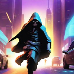 A hooded Jedi running away from pursuing starships in a dramatic, high-speed chase