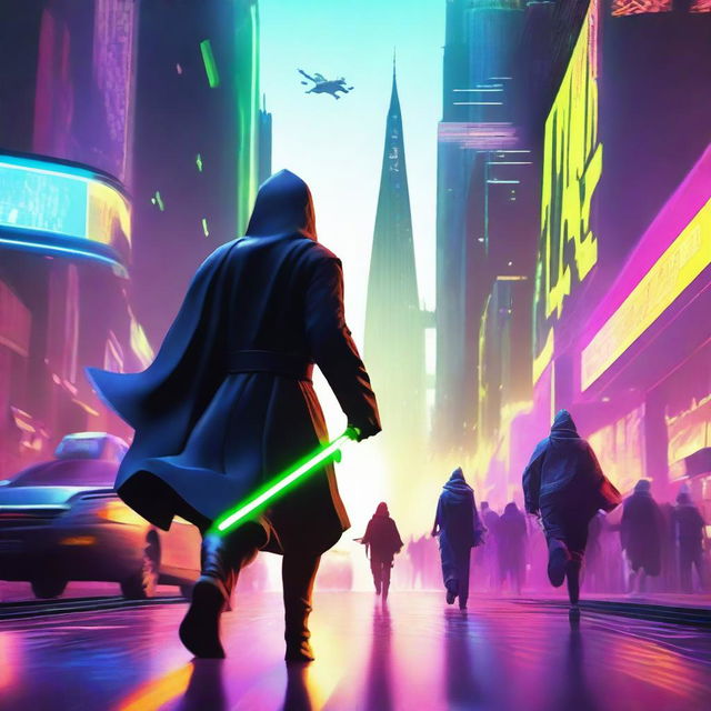 A hooded Jedi with a human face running away from pursuing Star Wars starships in a dramatic, high-speed chase