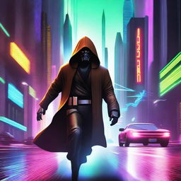 A hooded Jedi with a human face running away from pursuing Star Wars starships in a dramatic, high-speed chase