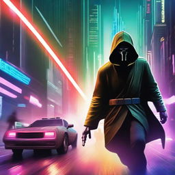 A hooded Jedi with a human face running away from pursuing Star Wars starships in a dramatic, high-speed chase