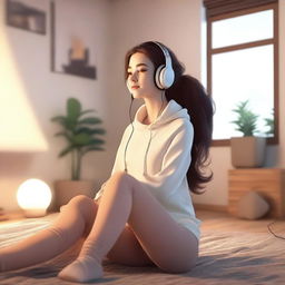 A realistic photo of a hot girl in leggings listening to lofi music with headphones