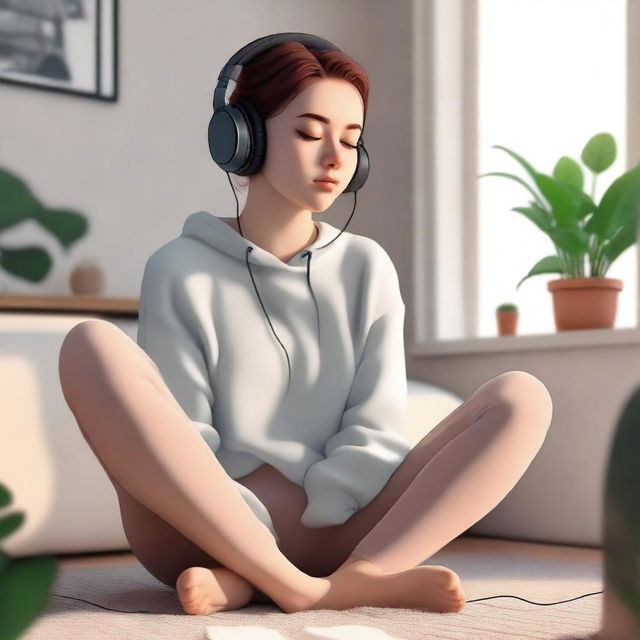 A realistic photo of a hot girl in leggings listening to lofi music with headphones