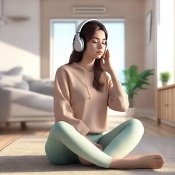 A realistic photo of a hot girl in leggings listening to lofi music with headphones