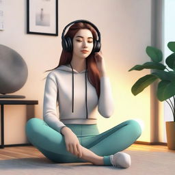 A realistic photo of a hot girl in leggings listening to lofi music with headphones