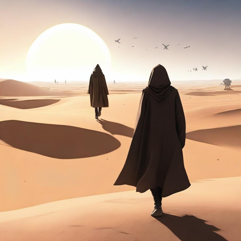 A hooded Jedi with a human face walking through a desert, escaping from Star Wars starships flying overhead