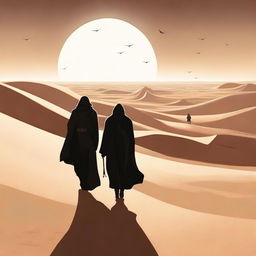 A hooded Jedi with a human face walking through a desert, escaping from Star Wars starships flying overhead