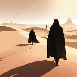 A hooded Jedi with a human face walking through a desert, escaping from Star Wars starships flying overhead