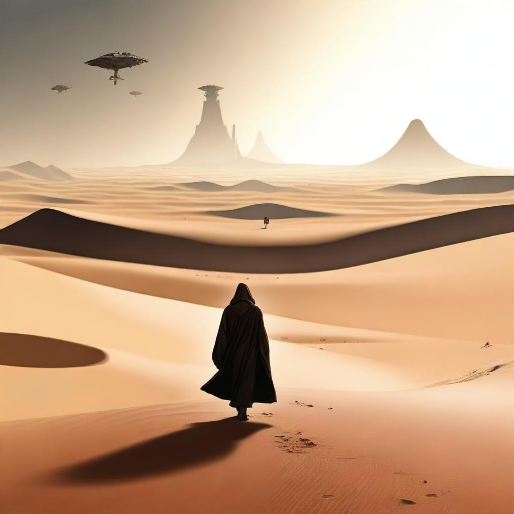 A hooded Jedi with a human face walking through a desert, escaping from Star Wars starships flying overhead