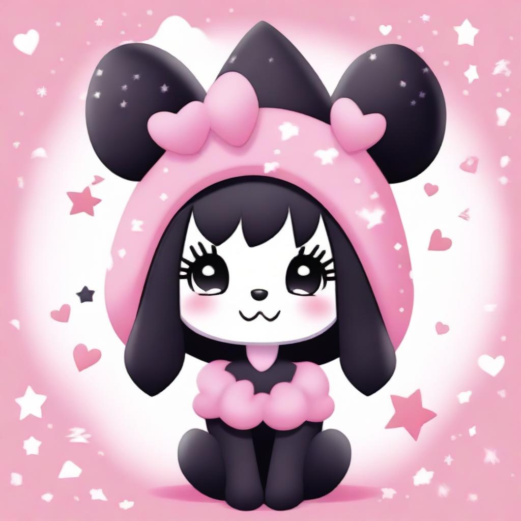 A cute and mischievous character named Kuromi, dressed in her signature black jester hat with a pink skull on the front