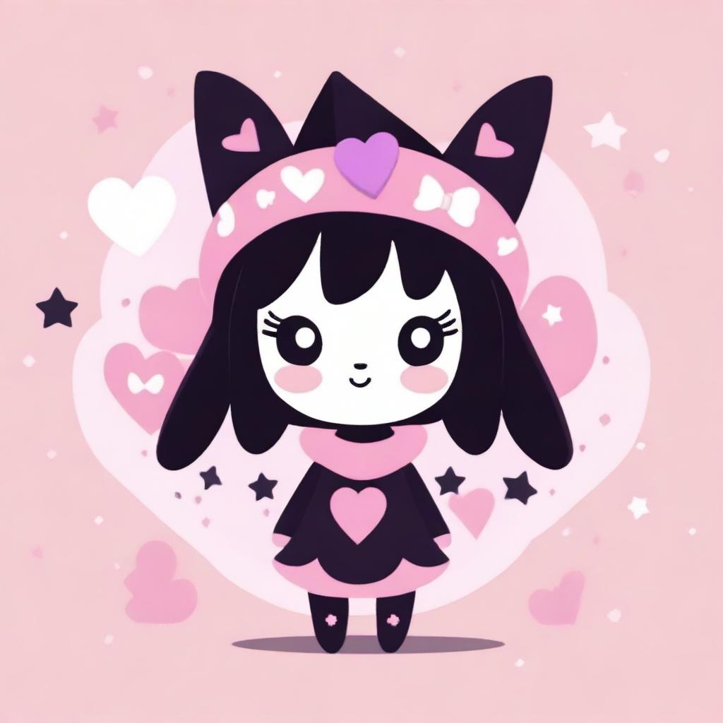 A cute and mischievous character named Kuromi, dressed in her signature black jester hat with a pink skull on the front