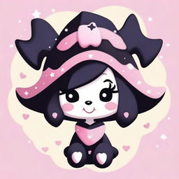 A cute and mischievous character named Kuromi, dressed in her signature black jester hat with a pink skull on the front