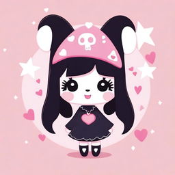 A cute and mischievous character named Kuromi, dressed in her signature black jester hat with a pink skull on the front