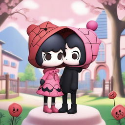 A heartwarming scene featuring Kuromi and Spiderman embracing each other warmly