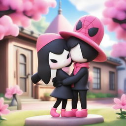 A heartwarming scene featuring Kuromi and Spiderman embracing each other warmly