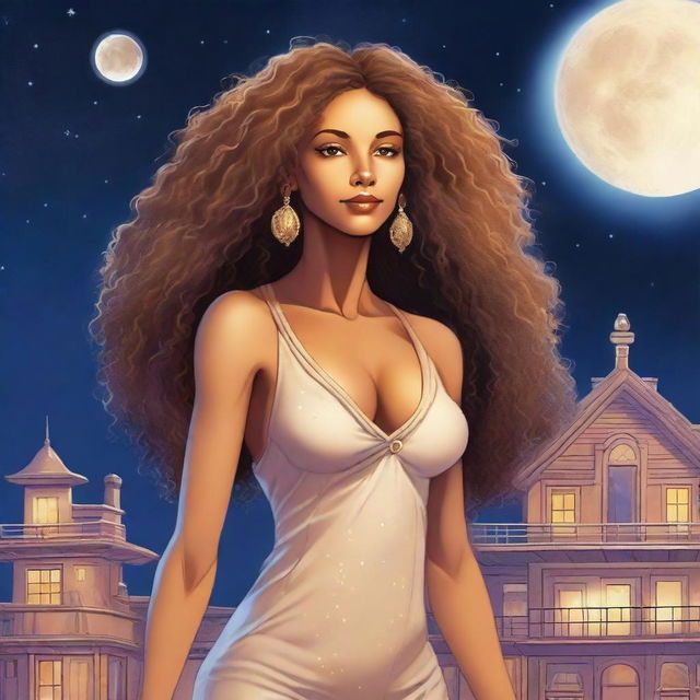 A light brown-skinned woman, 50 years old, with long curly hair, a beautiful figure, very tall, and light brown eyes