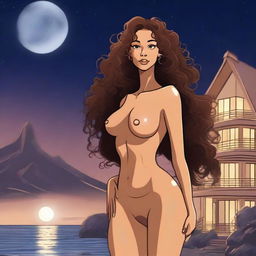 A light brown-skinned woman, 50 years old, with long curly hair, a beautiful and sexy figure, voluptuous, very tall, and with light-colored eyes