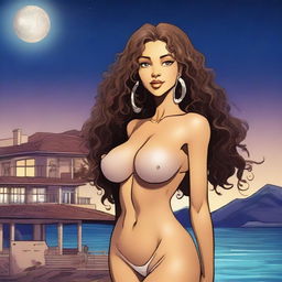 A light brown-skinned woman, 50 years old, with long curly hair, a beautiful and sexy figure, voluptuous with large breasts, wearing short clothing, very tall, and with light-colored eyes