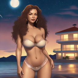 A light brown-skinned woman, 50 years old, with long curly hair, a beautiful and sexy figure, voluptuous with large breasts, wearing short clothing, very tall, and with light-colored eyes