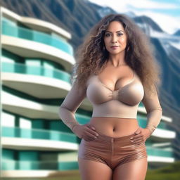 A light brown-skinned woman, 50 years old, with long curly hair, a beautiful and sexy figure, voluptuous with large breasts and large hips, wearing a miniskirt and a low-cut blouse, very tall, and with light-colored eyes