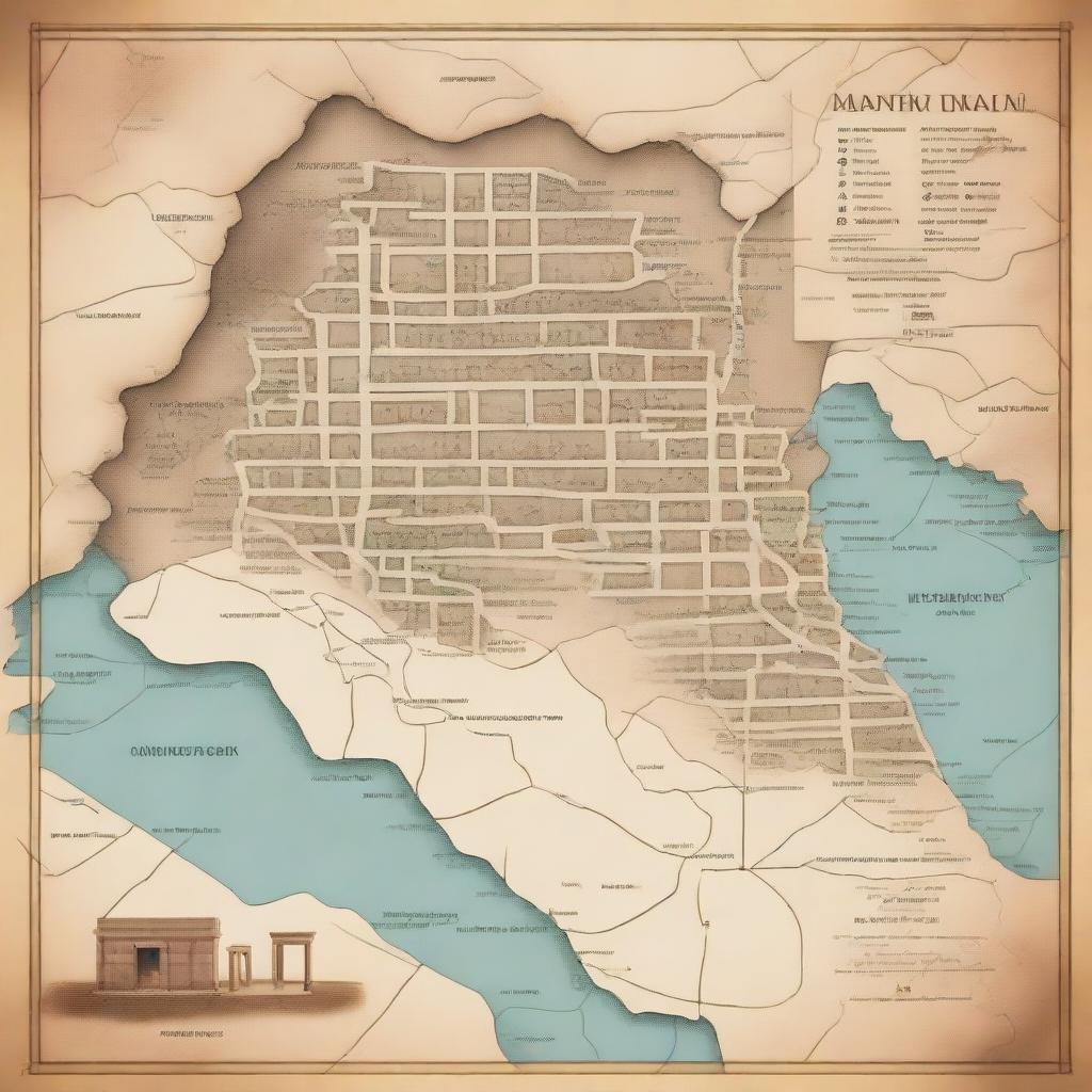 A detailed illustration of ancient Iraqi ruins with a historical map overlay