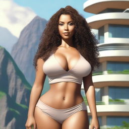 A light brown-skinned woman, 45 years old, with long curly hair, a beautiful and sexy figure, voluptuous with large breasts and large hips, wearing short shorts and a low-cut blouse or top, very tall, and with light-colored eyes