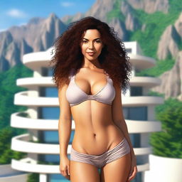 A light brown-skinned woman, 45 years old, with long curly hair, a beautiful and sexy figure, voluptuous with large breasts and large hips, wearing short shorts and a low-cut blouse or top, very tall, and with light-colored eyes