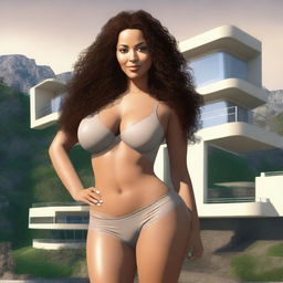 A light brown-skinned woman, 45 years old, with long curly hair, a beautiful and sexy figure, voluptuous with large breasts and large hips, wearing short shorts and a low-cut blouse or top, very tall, and with light-colored eyes