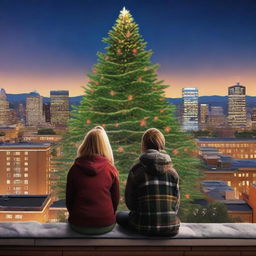 Create a movie poster featuring two teens sitting by each other on a rooftop at night